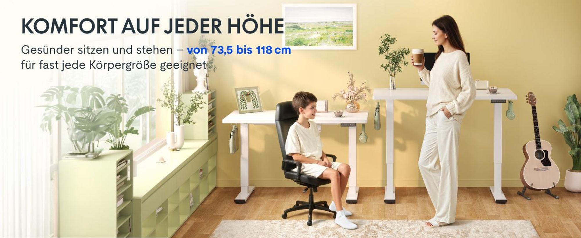 FLEXISPOT EN1 Höhenverstellbarer Schreibtisch 100x60cm elektrisch mit einteiliger Tischplatte, Kabelmanagement und Haken, 4 Memory-Funktion (Weiß)