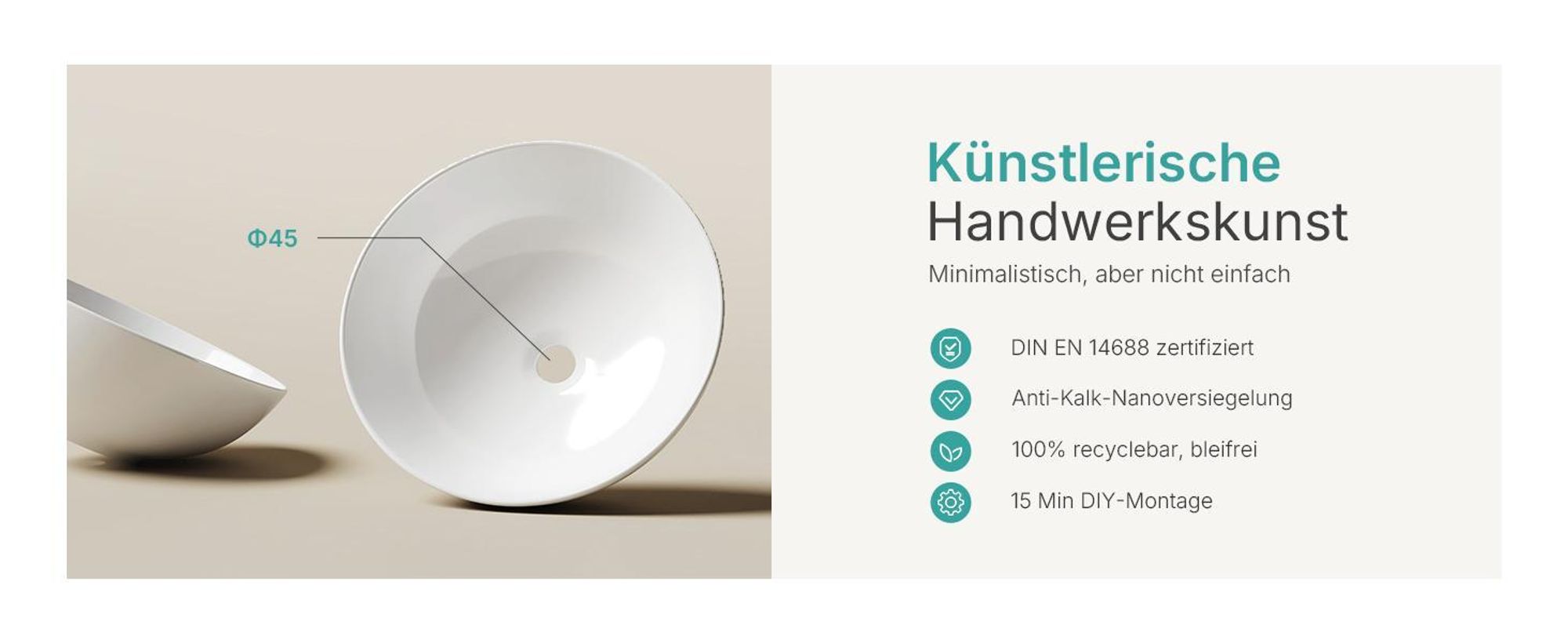 EMKE Aufsatzwaschbecken Rund 415x415x155mm, Keramik Waschschale in Glänzend Weiß Matt Weiß, ohne Hahnloch & Überlauf, odernes Design für stilvolle Bäd