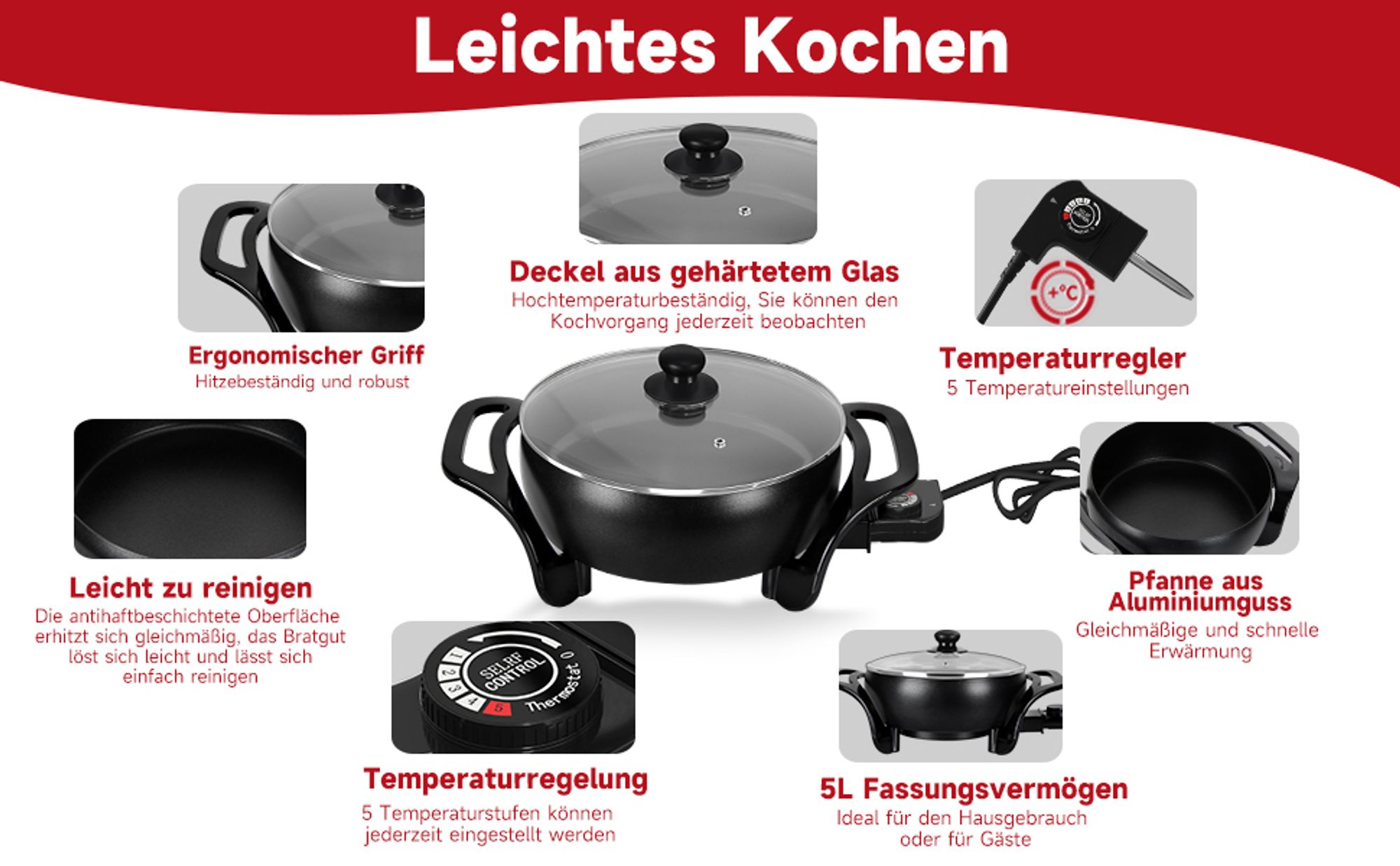 Elektrische pfanne Scheffler Elektropfanne mit deckel, Elektrische Multipfanne,mit Antihaftbeschichtet, Ø 27 cm, 1500 W (EFP-006)
