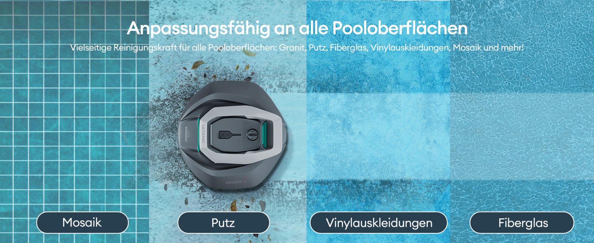 Ultenic Pooleco Poolroboter, 5200mAh, 90 Min, 3xBürstenlose Motoren,Automatische Reinigung,2.5L Behälter,Selbstparker, mit Fernbedienung und App