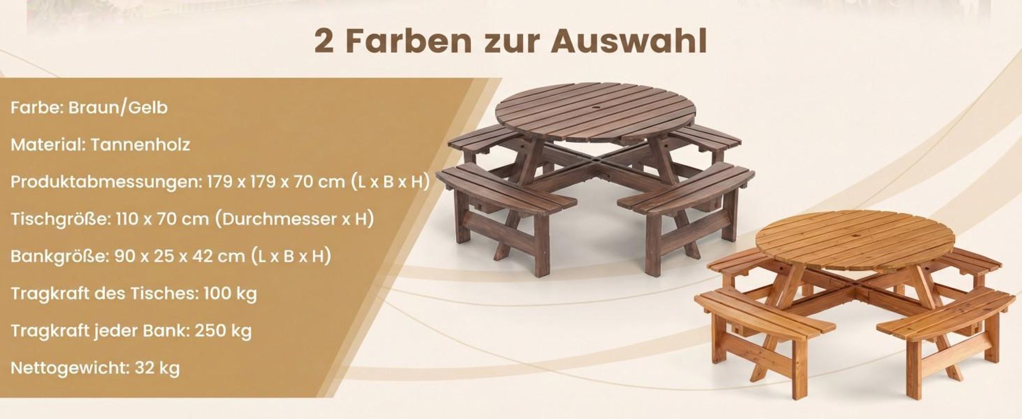 COSTWAY Gartenmöbel-Set für 8 Personen, Gartentisch mit Schirmloch & 4 Bänken, Picknicktisch Set rund, Sitzgarnitur Holz, Sitzgruppe Braun