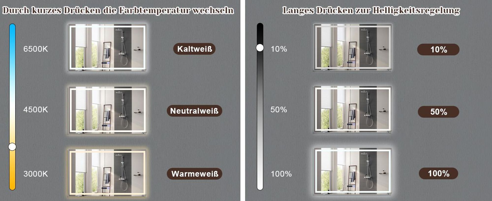 ZMH Badspiegel mit Beleuchtung 100x60cm Wandspiegel  IP44 mit Touch Uhr Entfogger Funktion Lichtspiegel Dimmbar 3000K-6500K