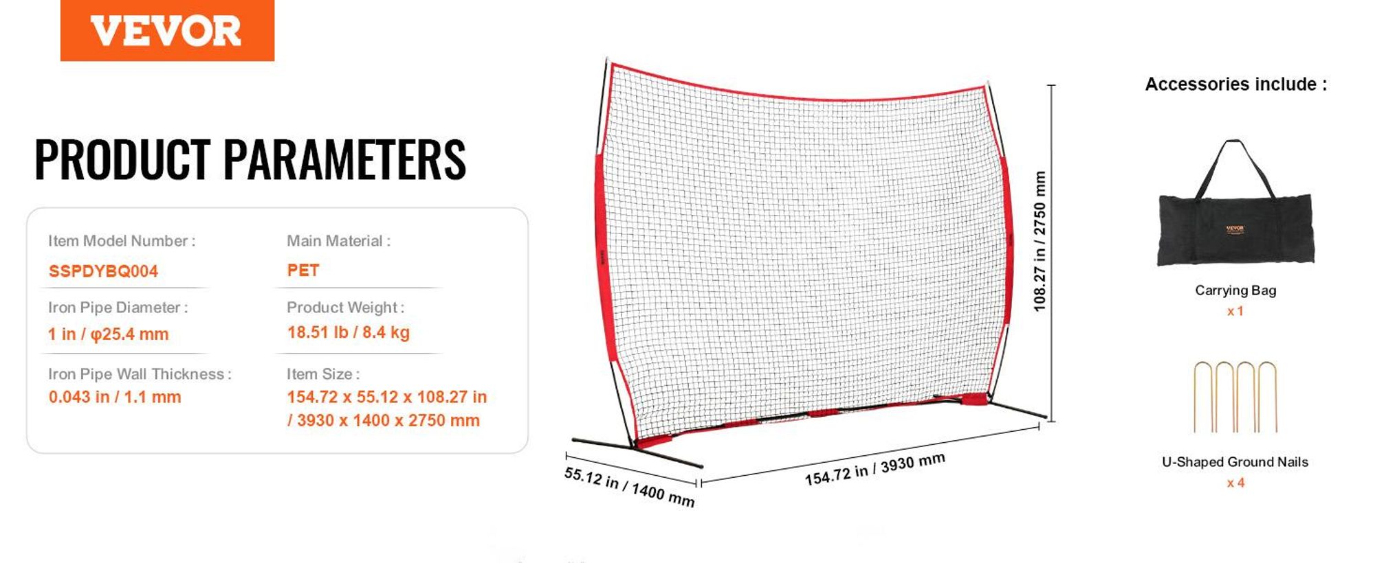 VEVOR Barricade Backstop Netz, 7x7 ft Ball Sport Barriere Netz, Tragbare Übungsgeräte mit Tragetasche, Schutzschirm für Baseball Softball Lacrosse Fußball Hockey Training, für den Garten