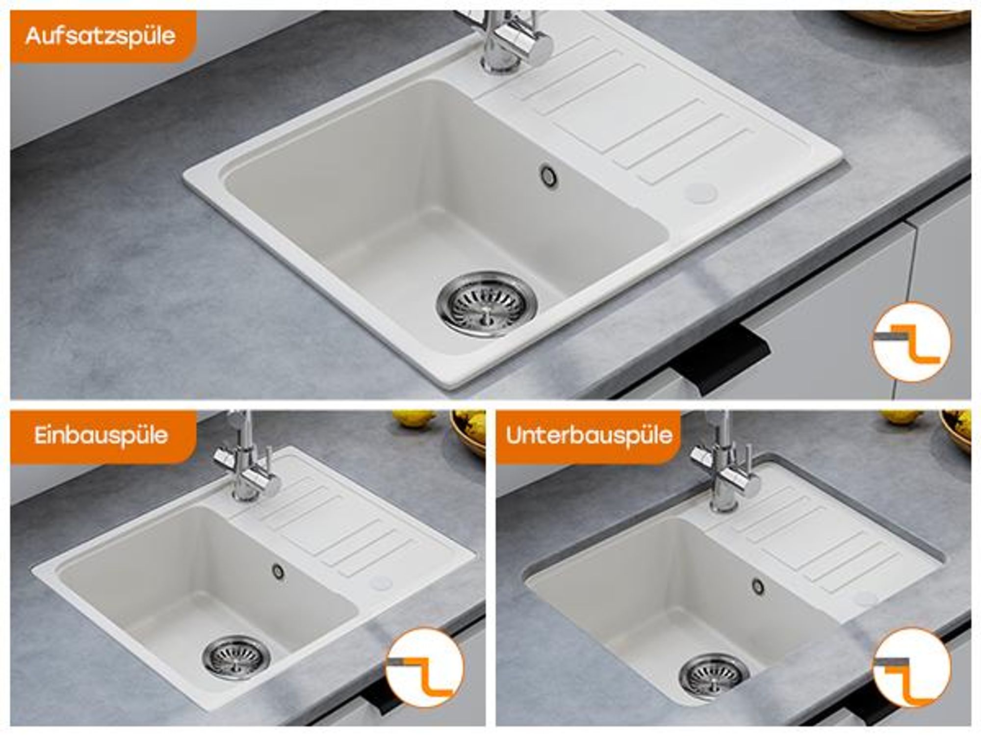 HOROW Granit Küche Spüle Weiß - 1 Becken Einbauspüle mit Reversible Installation, Spülbecken mit Siphon Ab- und Überlaufgarnitu 57 x 45 cm