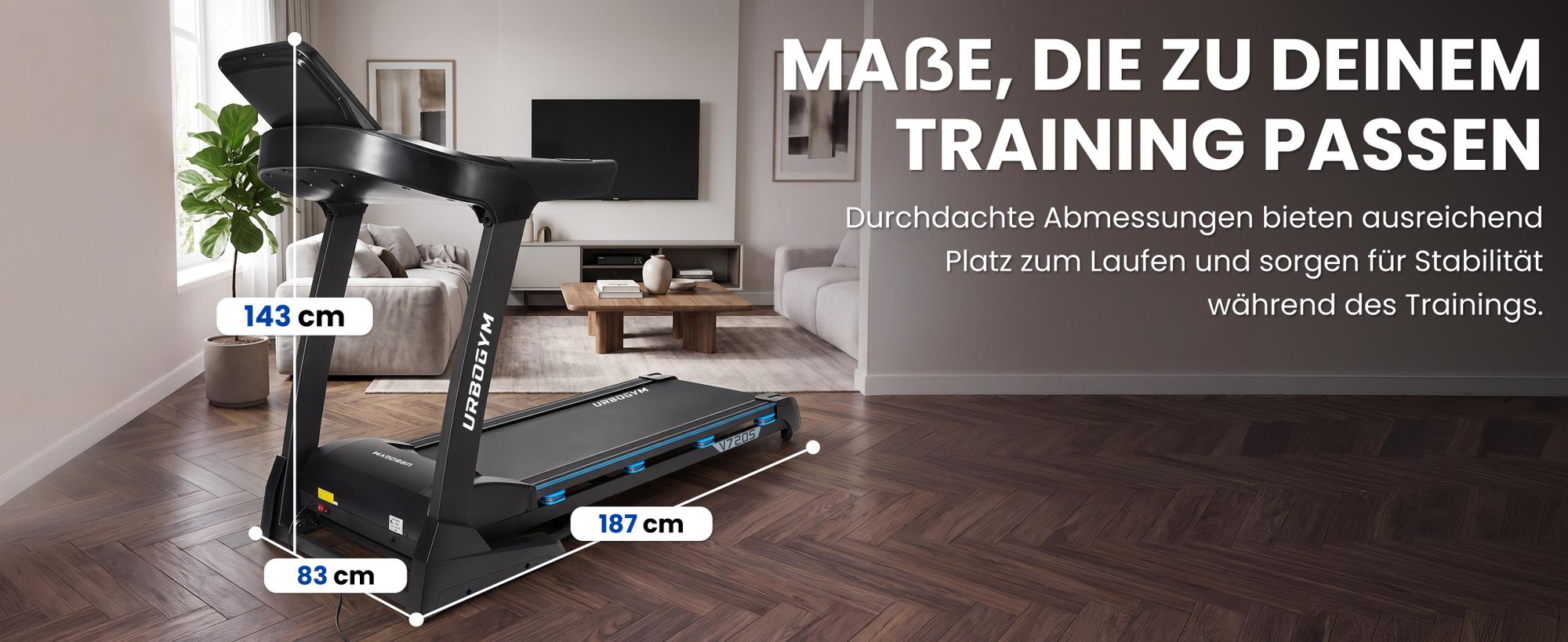 URBOGYM V720S Elektrisches Laufband, 20 km/h, 15 Steigungsstufen, 3,0 PS, 150 kg, klappbar, Bluetooth, 12 Trainingsprogramme