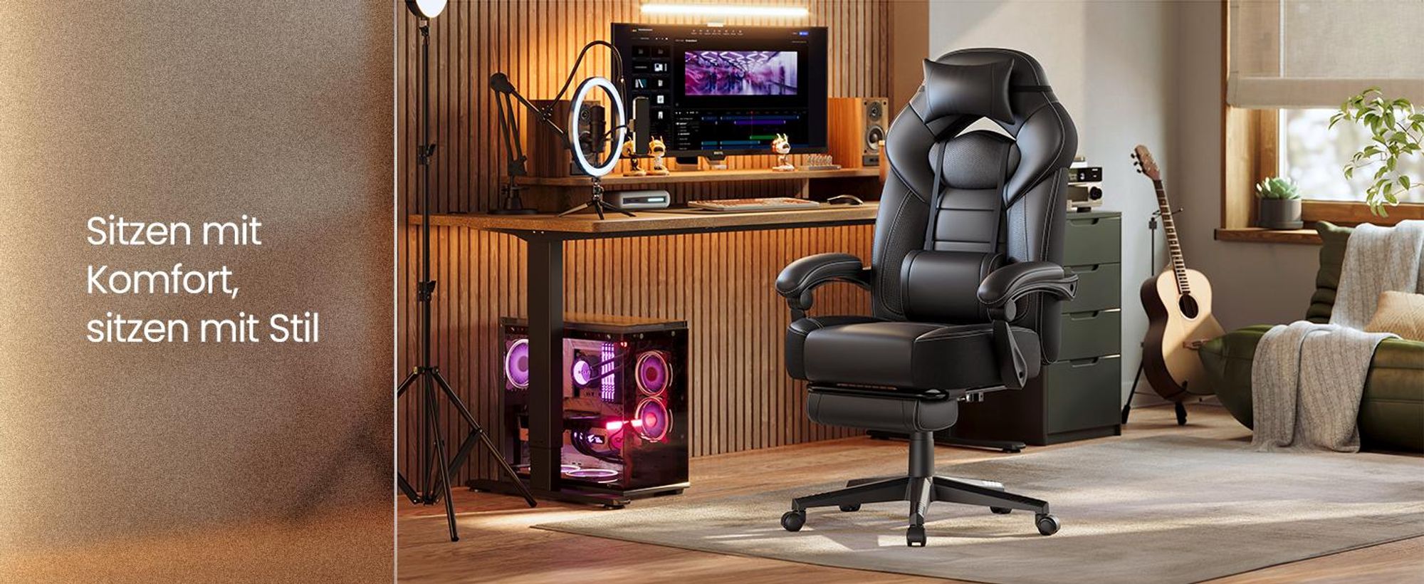 SONGMICS Gaming-Stuhl, Bürostuhl, höhenverstellbar, Schwarz