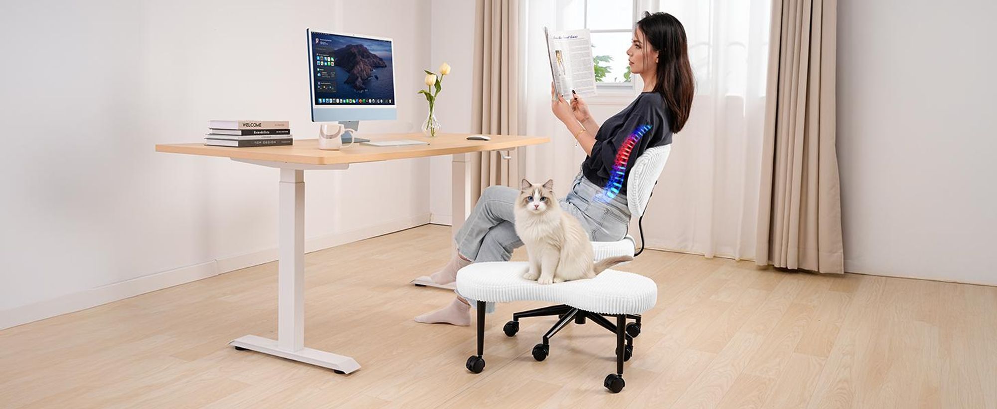 Bürostuhl für Schneidersitz, Ergonomischer Cross-Leg-Stuhl, 360° drehbar, höhenverstellbar, mit Rückenlehne, Weiß, Cord stoff Weiß