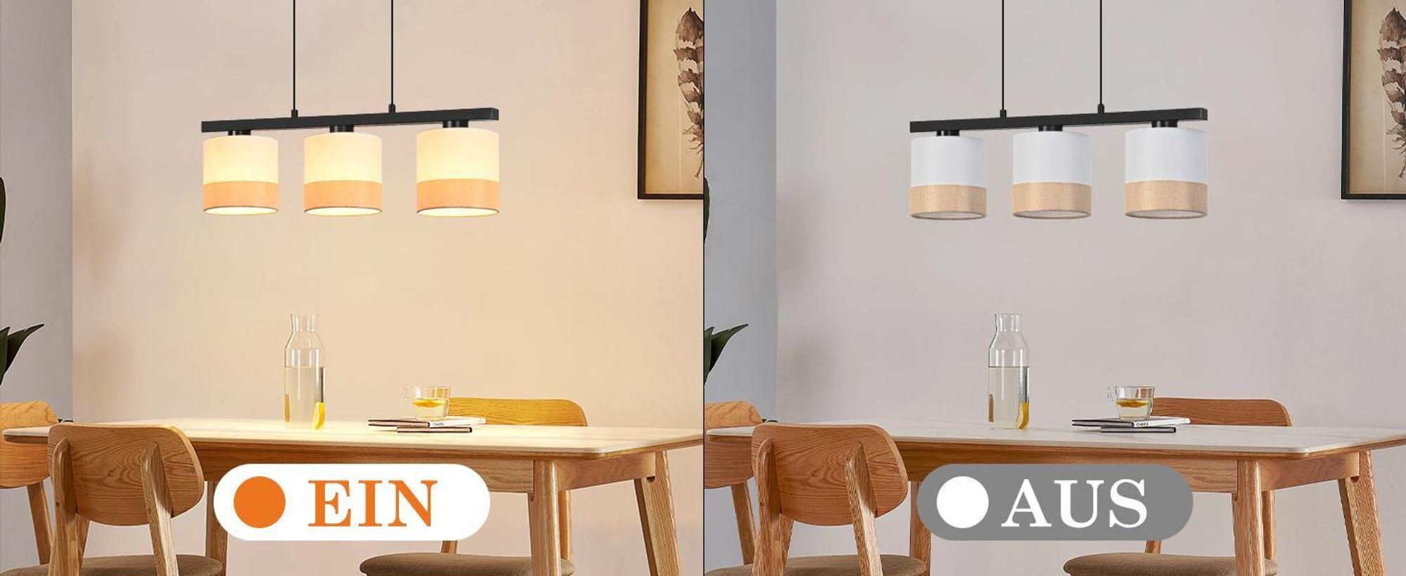 ZMH Esstisch Pendelleuchte 3 flammig Vintage Hängelampe Weiß Stoffschirm Esstischlampe Höhenverstellbar Pendellampe E27 Esszimmer (ohne Leuchtmittel)