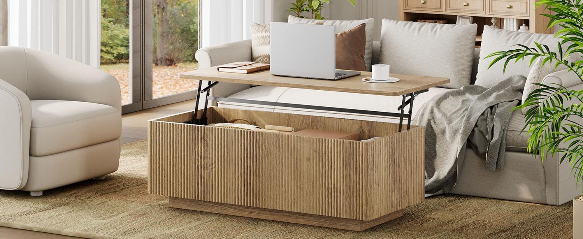 FABATO Lift-Couchtisch 106 cm mit großem verstecktem Stauraum, rechteckiges Fluted-Design mit abgerundeten Ecken, aufklappbar, Holz-Optik