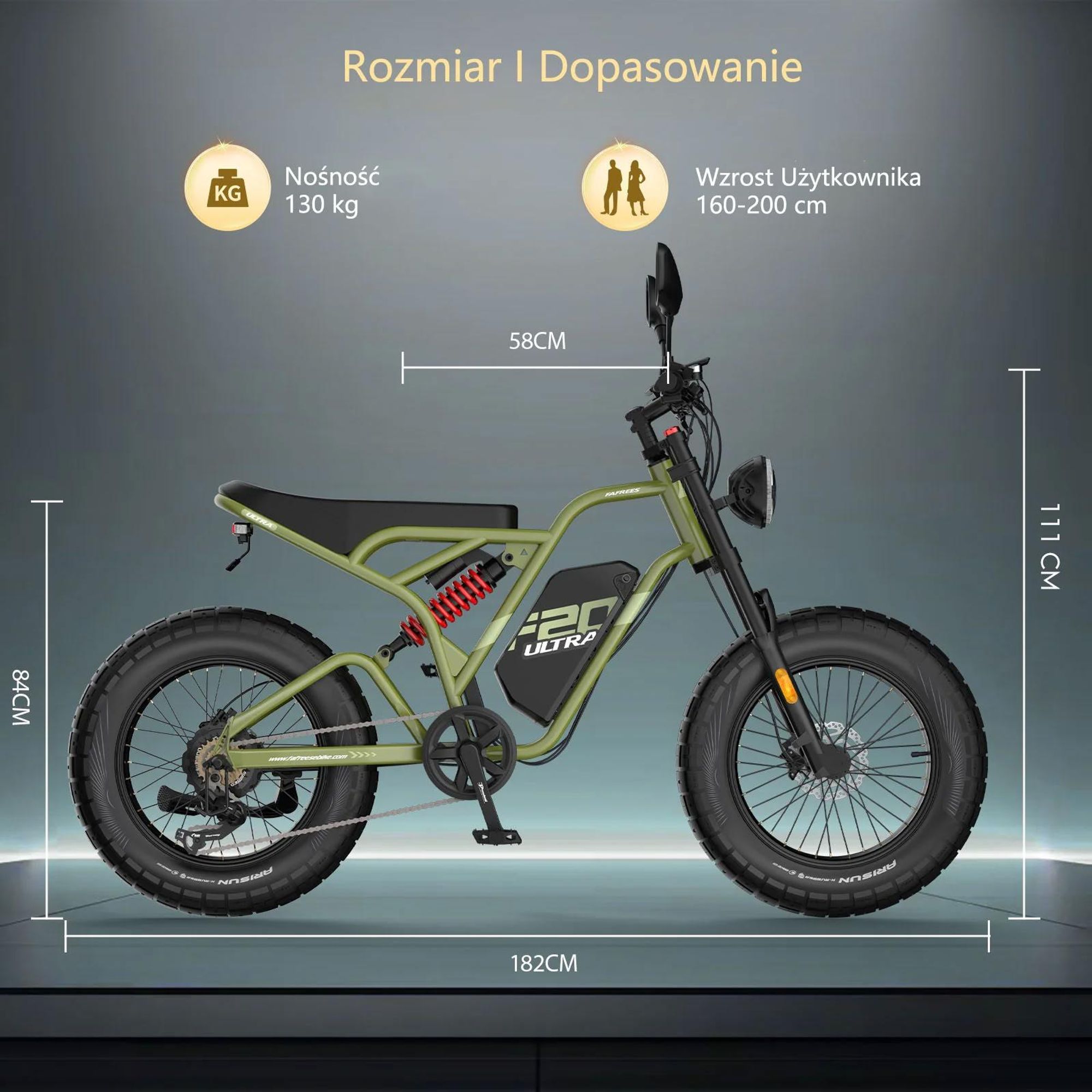 FAFREES F20 Ultra Rower Elektryczny (Homologacja typu UE L1e-B) - 48V25AH 20-Calowe Opony Hamulce mechaniczne - Zielony