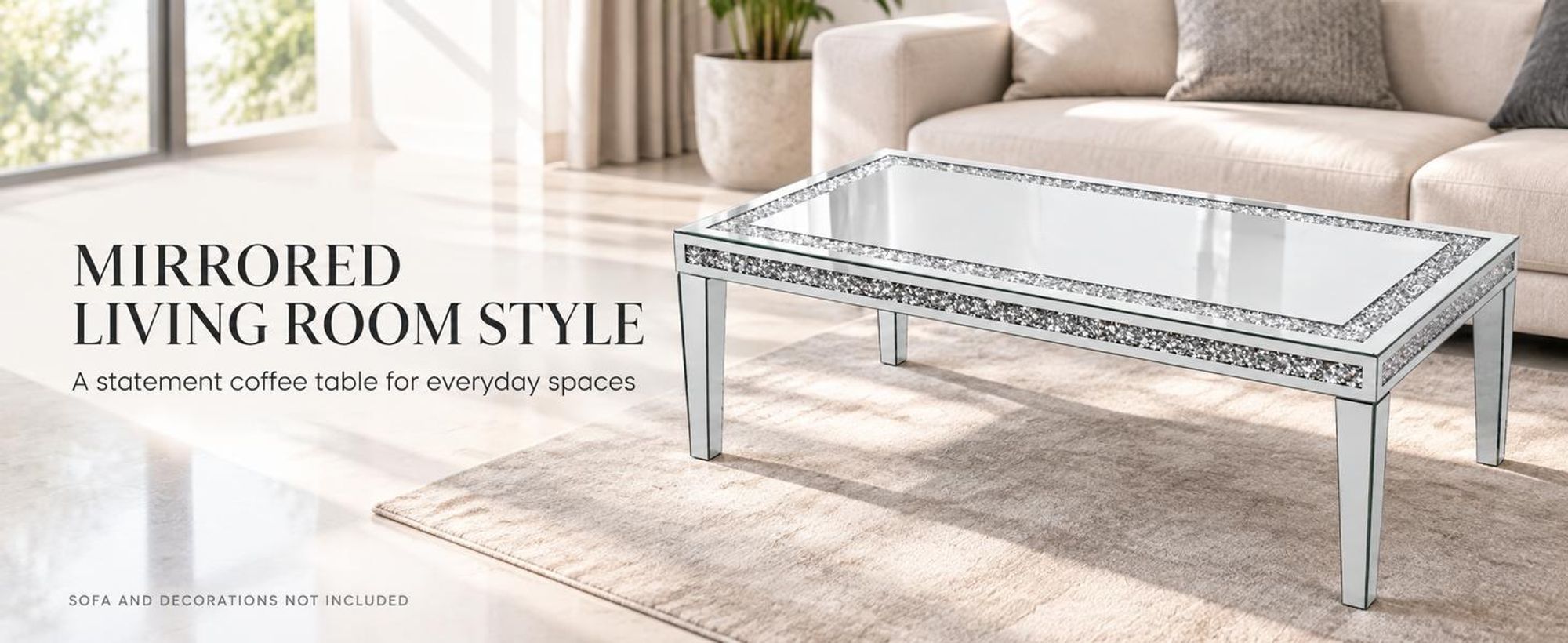 Vrygle Couchtisch verspiegelt 120x60x45 cm, Glas mit Kristall-Nachbildung, Silber