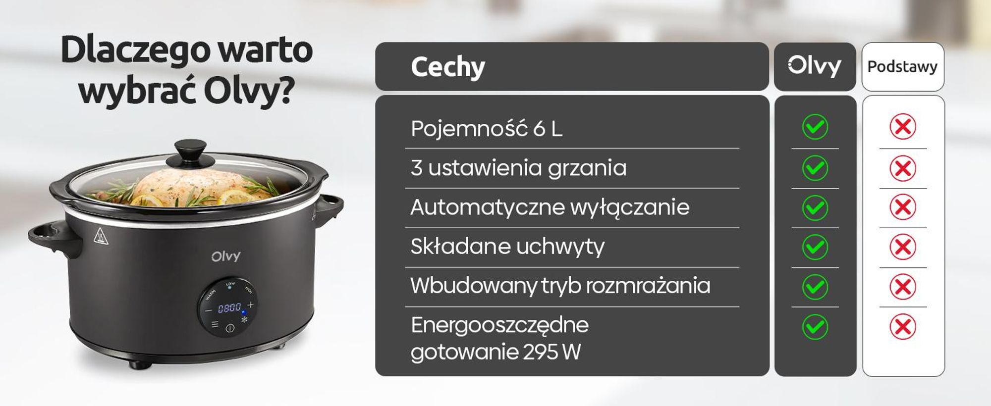 Cyfrowa wolnowarówka Olvy z timerem – pojemność 6 litrów – ceramiczny wkład – w zestawie książka kucharska do wolnowarówki