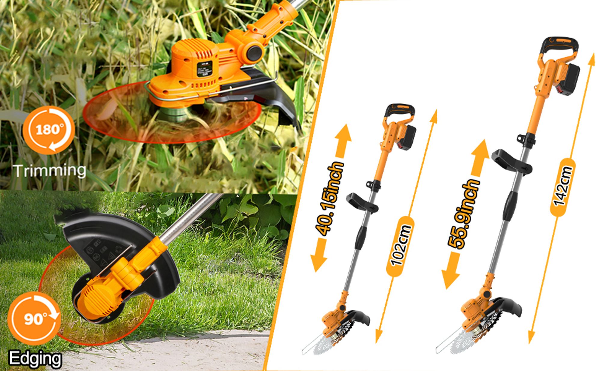 Akku Rasentrimmer mit 2× 4000mAh Akkus, 750W leistungsstarker Freischneider für Gartenarbeit, Rasentrimmer mit Unkrautbürste & Fugenbürste | Orange
