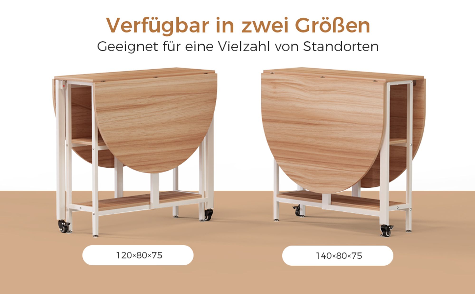 Mondeer Klappbarer Esstisch Küchentisch mit 2 Ablagen und Rollen 140 x 80 x 75 cm Eiche+Weiß