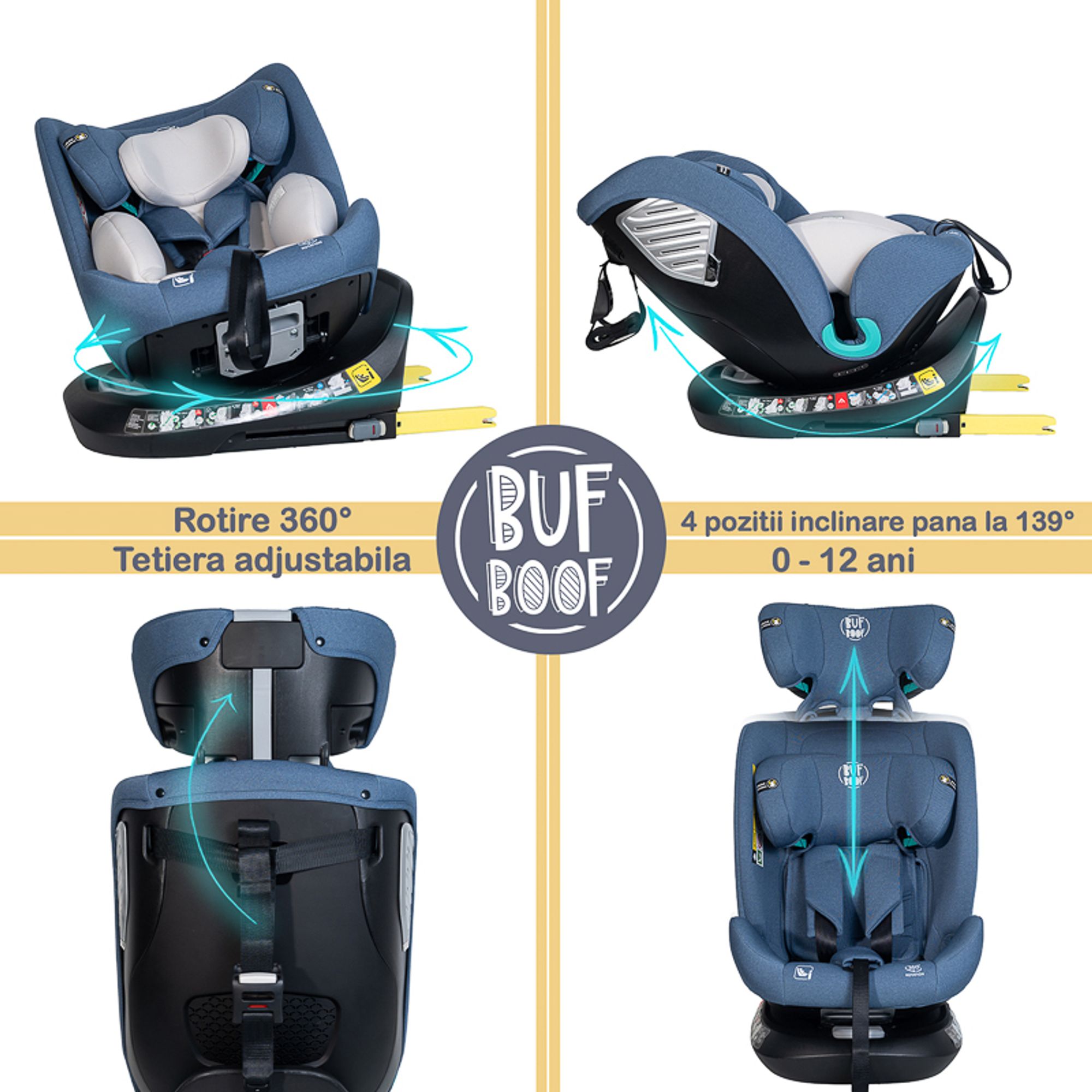 BUF BOOF® Saphir DELUXE i-Size Kindersitz 360° drehbar, ISOFIX, R129, 40–150 cm (0–36 kg), Liegefunktion bis 165° UnicornPink