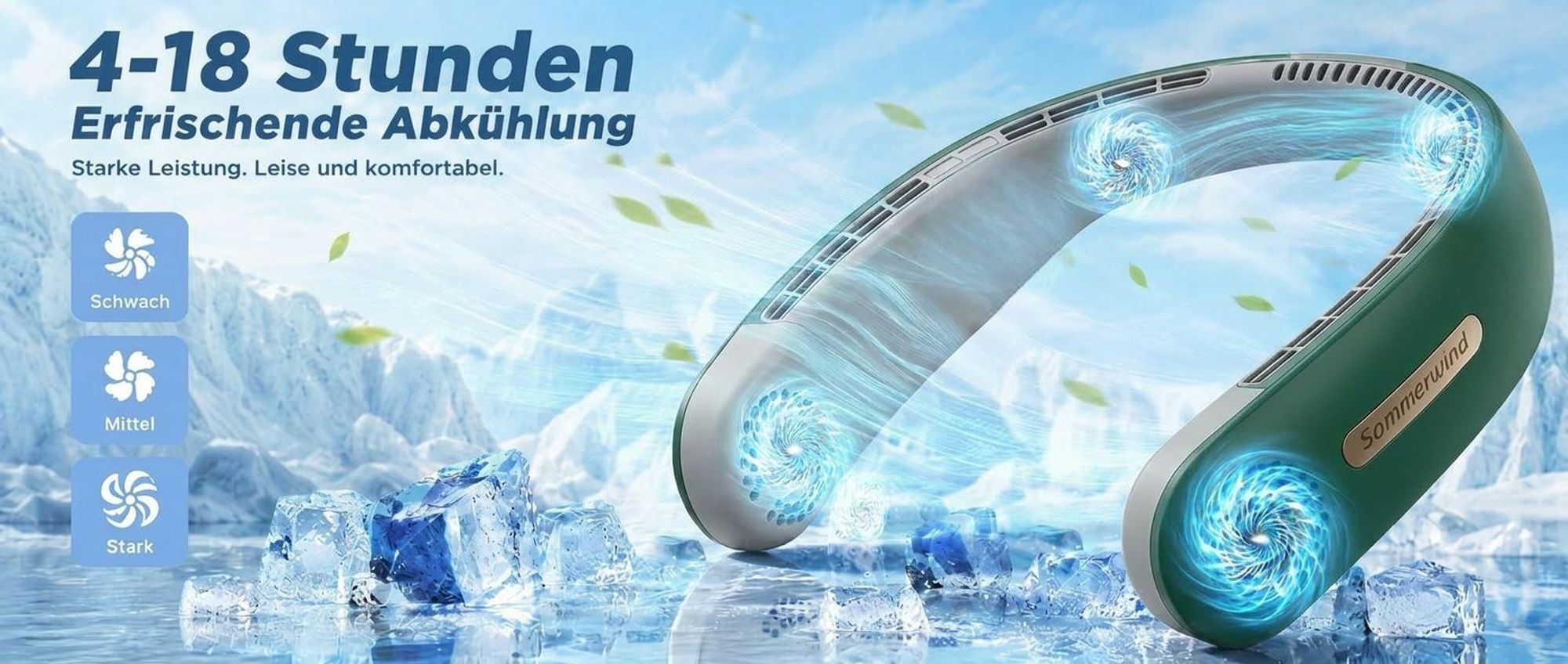 Nackenventilator, Halsventilator, blattlos, leise, USB, 4000mAh, 3 Stufen, 4Turbinen, 360° Luftstrom, für Reisen & Büro(Grün)