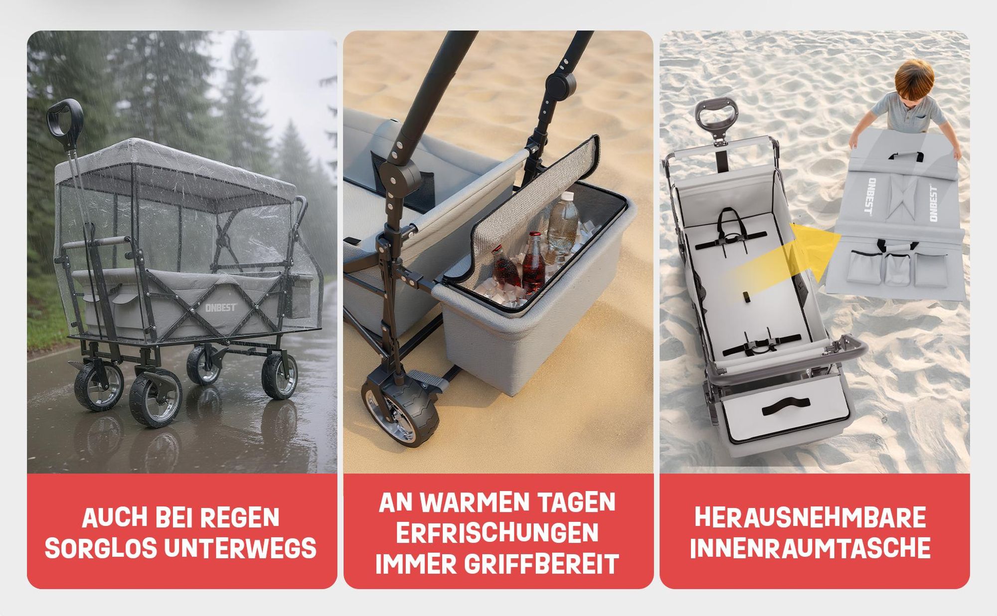ONBEST Bollerwagen | faltbar | mit Dach | mit Regenschutz | 100 kg | Kühltasche | Wetterfest | UV30+