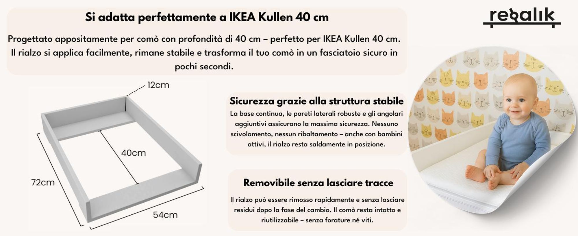 piano fasciatoio regalik per Kullen di IKEA, Piano fasciatoio per cassettiere da 40 cm, Piano fasciatoio rimovibile, Pannelli frontali arrotondati, Bianco, 72cm x 54cm
