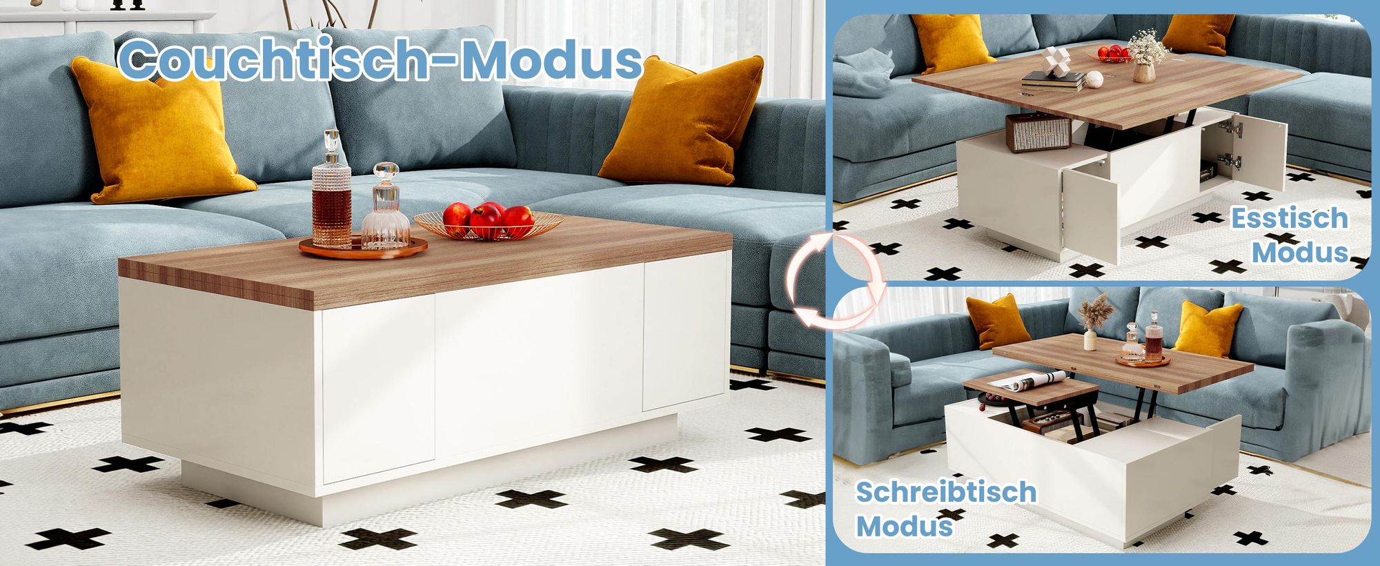 MODFU Couchtisch Wohnzimmertisch mit Doppel-Hebemechanismus,Sofatisch Kaffeetisch mit verstecktem Stauraum,Freizeittisch,Sideboard,Weiß + Natur