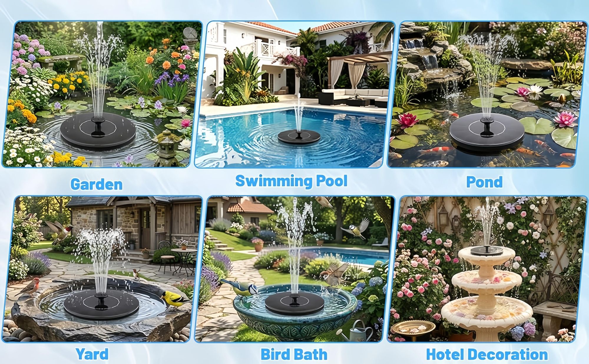 1.4w Solar Springbrunnen,DIY Gartenbrunnen Wasserpumpe mit 6 Düsen,200L/H Wasserdurchfluss,Anti-Blockier-Technologie,Wasserspiel Fontäne,Solar Pumpe