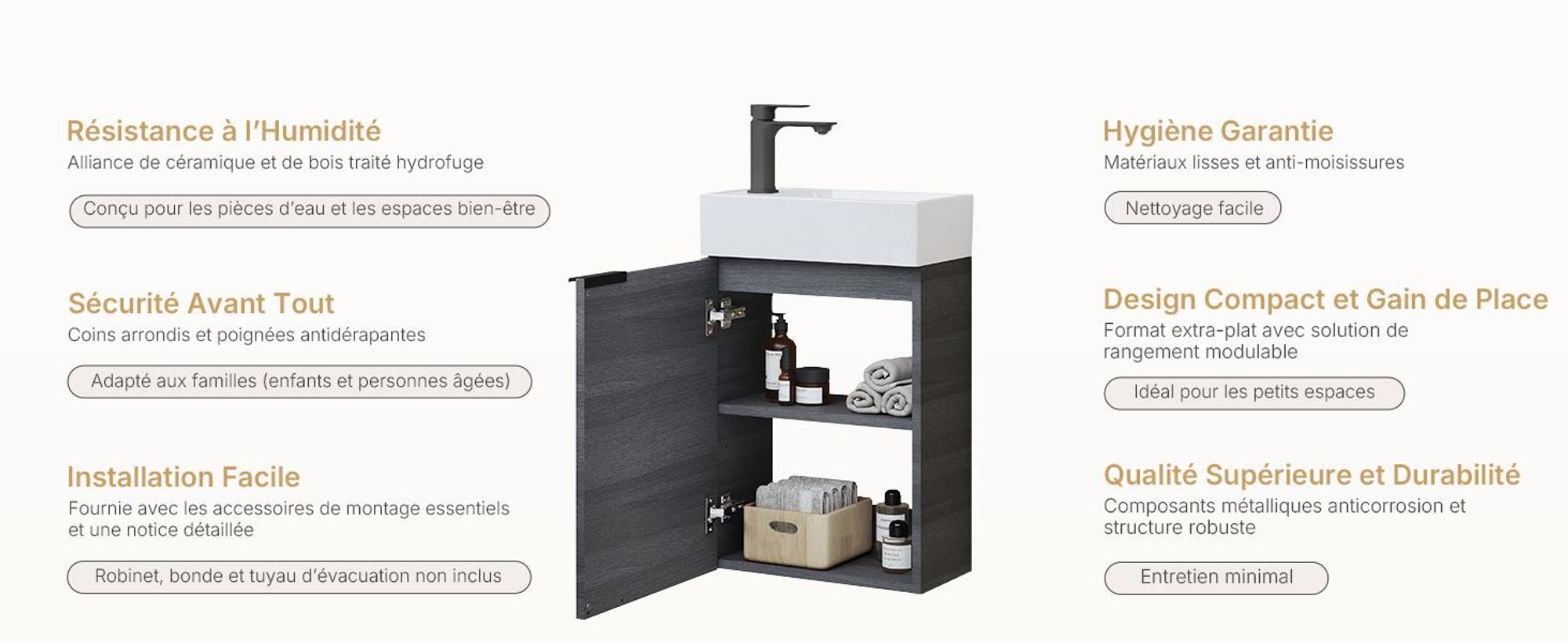 EMKE Ensemble de lavabos Meuble sous-lavabo avec vasque en céramique 417×240×646 mm suspendu, Soft-Close, gris bois
