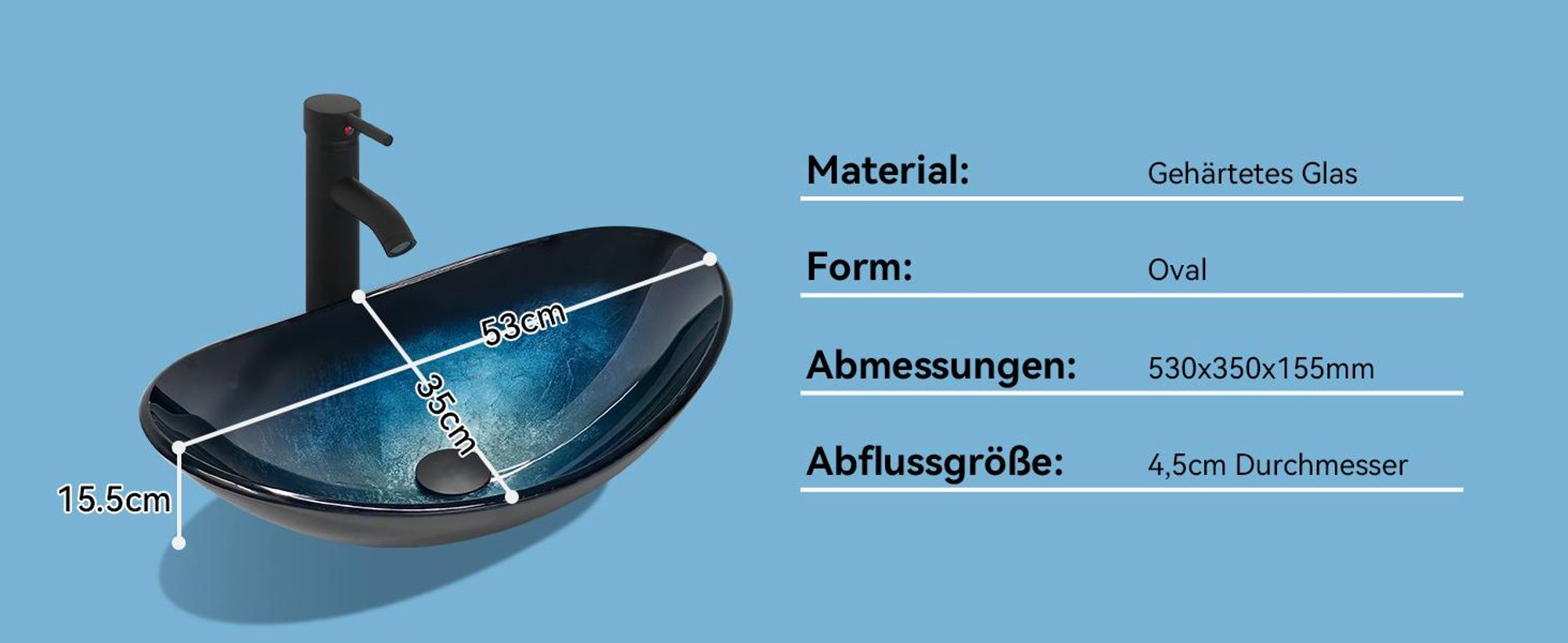 Puluomis Waschbecken Glas Aufsatzwaschbecken Waschschale Oval mit Wasserhahn Ablaufgarnitur Schwarz dunkelblau