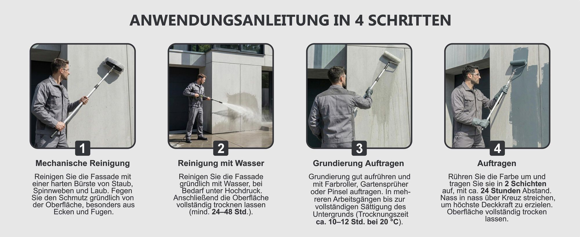 Anwendungsanleitung in 4 Schritten: Reinigung, Grundierung und Anstrich der Fassade.
