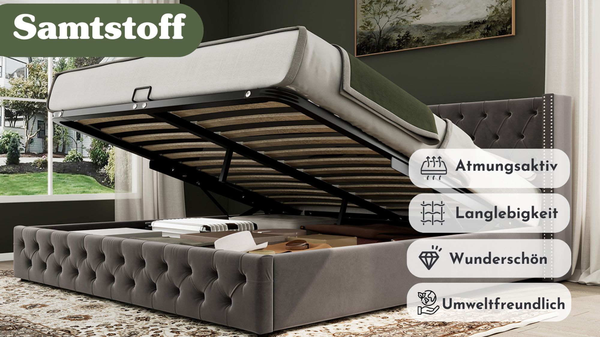 MODFU Boxspringbett Hydraulisches 140 x 200 cm mit Ohrenform Kopfteil und Knopfnähte, Polsterbett Doppelbett Stauraumbett mit Bettkasten Stauraum, Samt Grau(Ohne Matratze)
