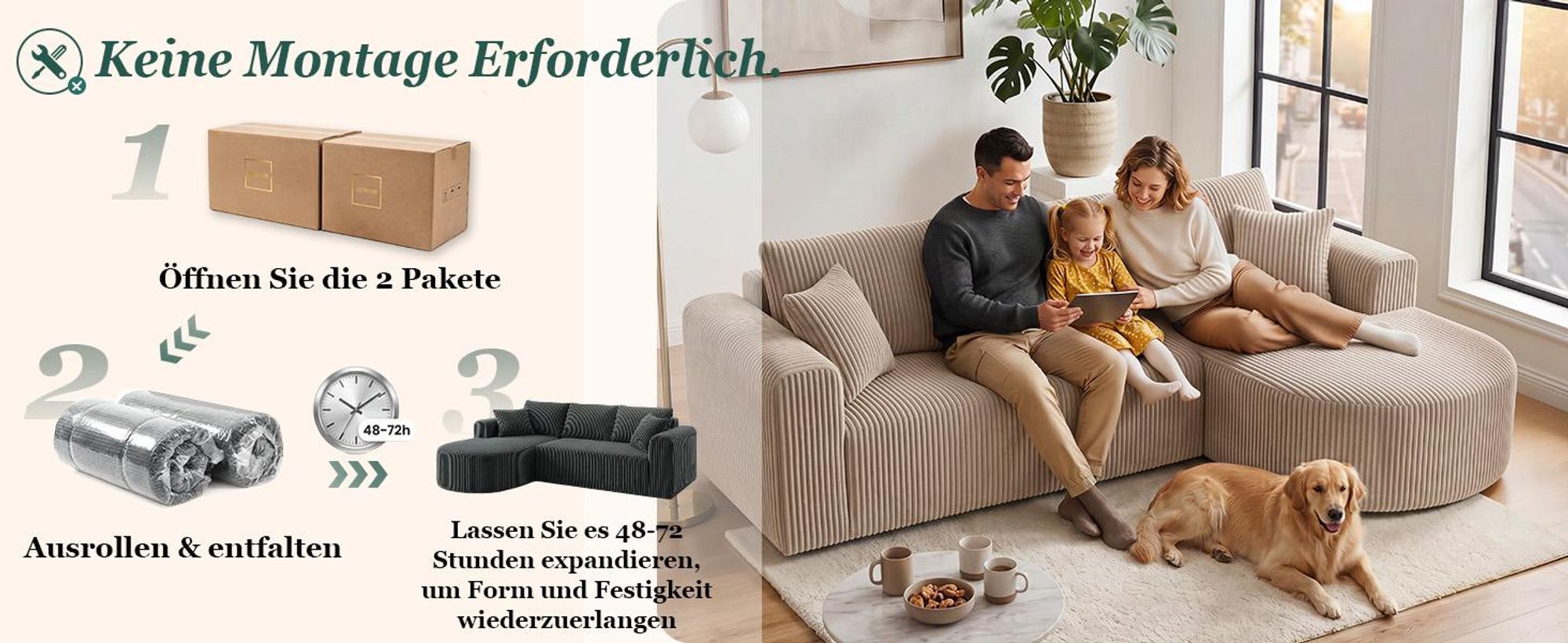 Sofa Ecksofa mit Schlaffunktion, Corduroy Modulares Boneless Couch mit Chaiselongue, L-Form Schlafsofa, Sektionssofas mit Kissen & Seitentaschen 243cm