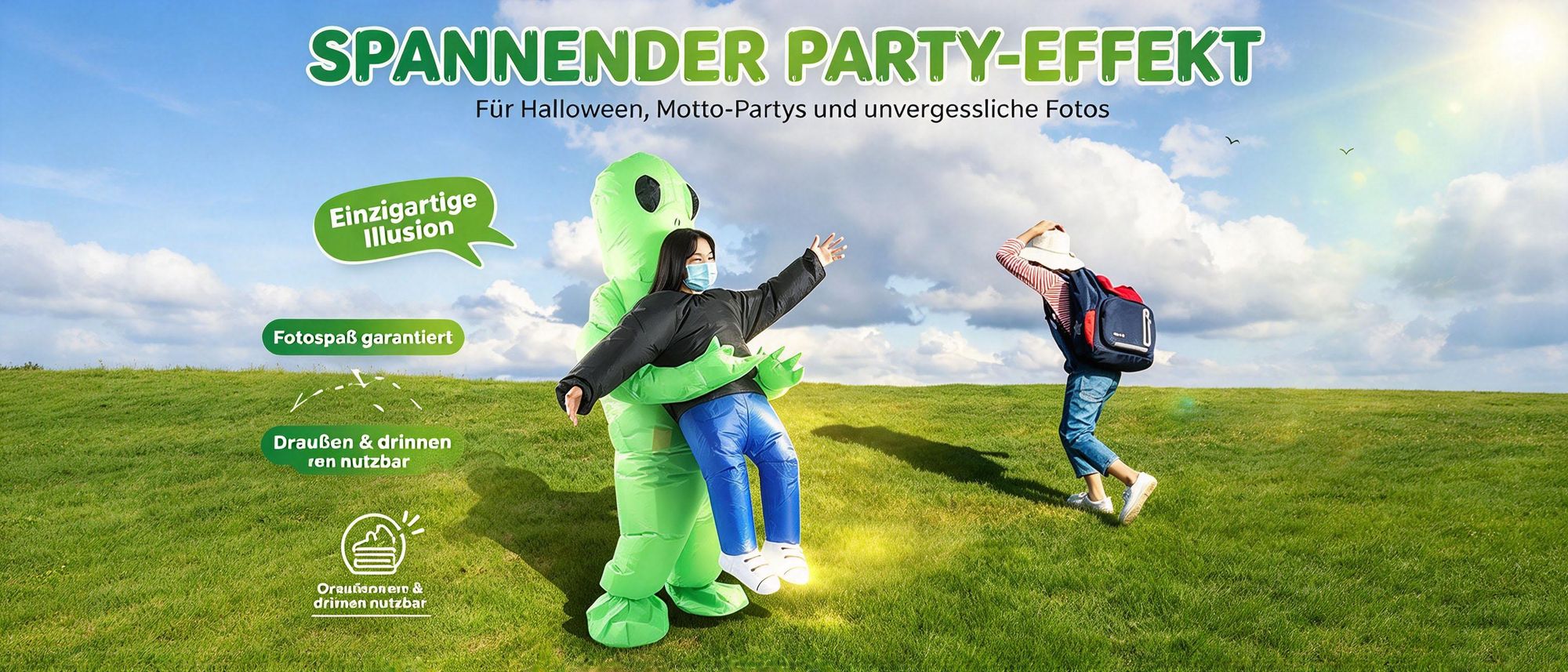 Juksun Alien Kostüm 120-150cm für Kinder PVC und Polyester grün blau aufblasbar mit Pumpe für Halloween Karneval Party