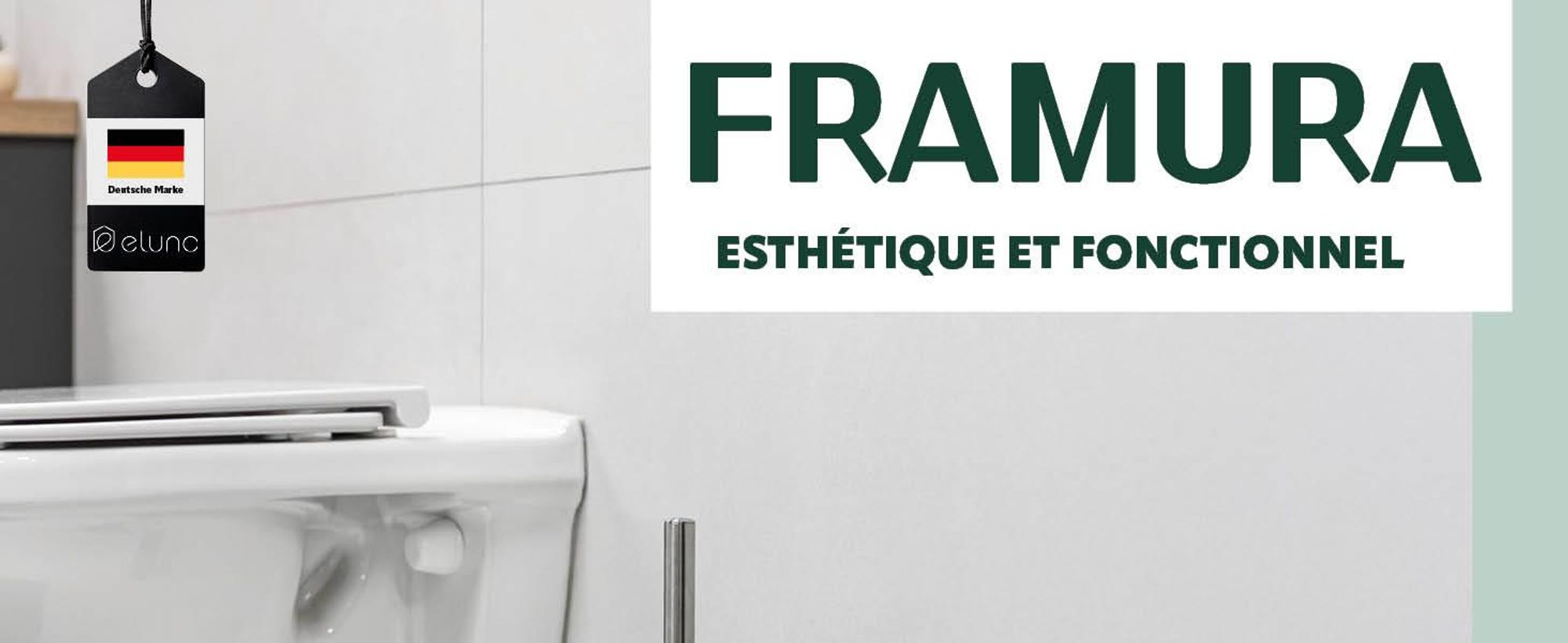 Ensemble WC eluno FRAMURA, comprenant une brosse WC sur pied avec 2 têtes de brosse noires, en métal blanc avec couvercle en bambou