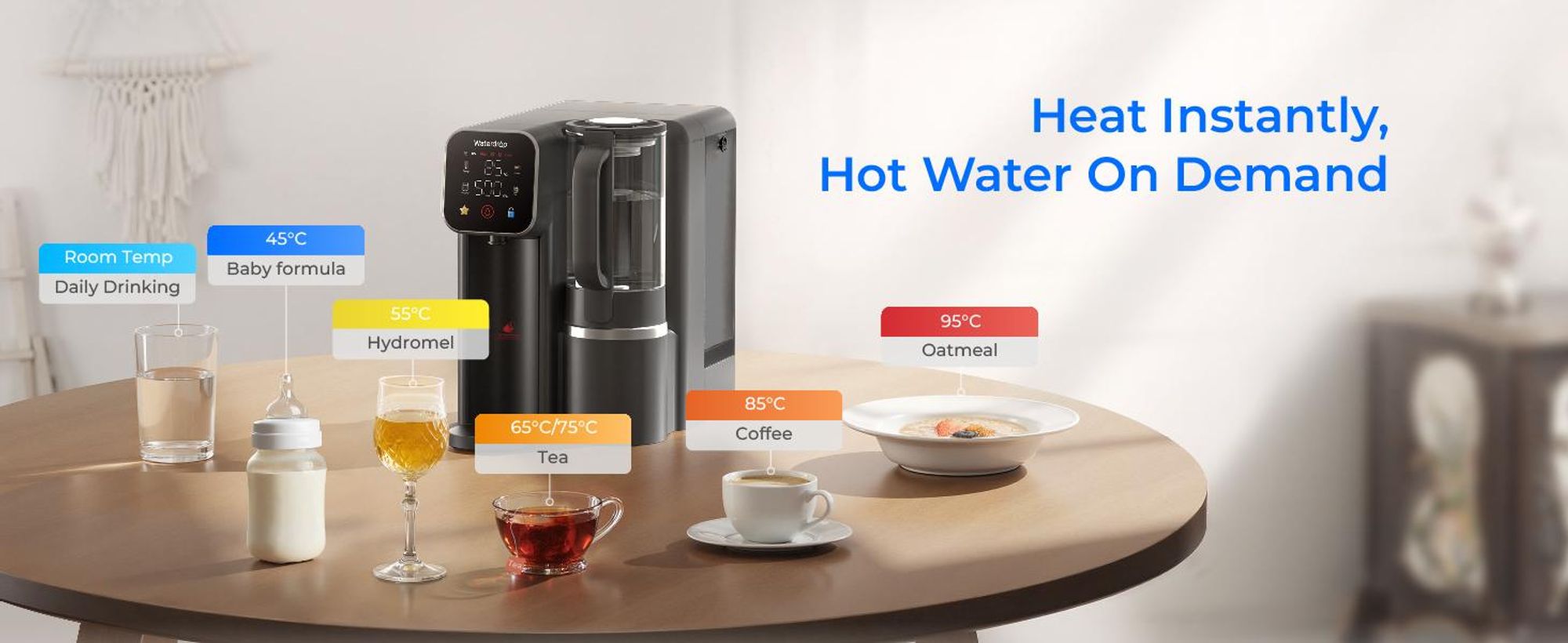 Waterdrop M6HG Sofort-Heißwasser Umkehrosmose System, 8-Stufiger, 3:1 Reinwasser-/Abwasserverhältnis, 5 Temperaturstufen, mit Glaskanne