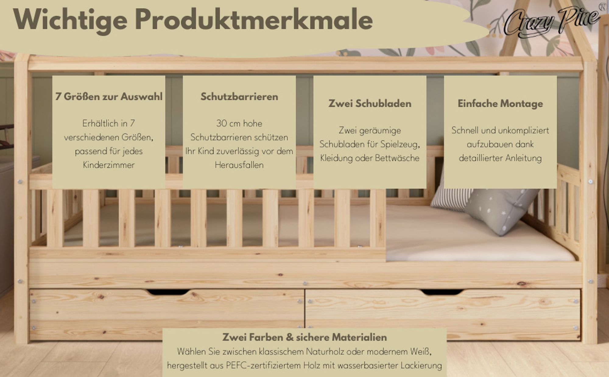 Crazy Pine Hausbett mit Schubladen 100x200 cm – Kinderbett aus Naturholz in Weiß – Montessori Bodenbett mit zusätzlichen Stauraum - Crazy Blanco
