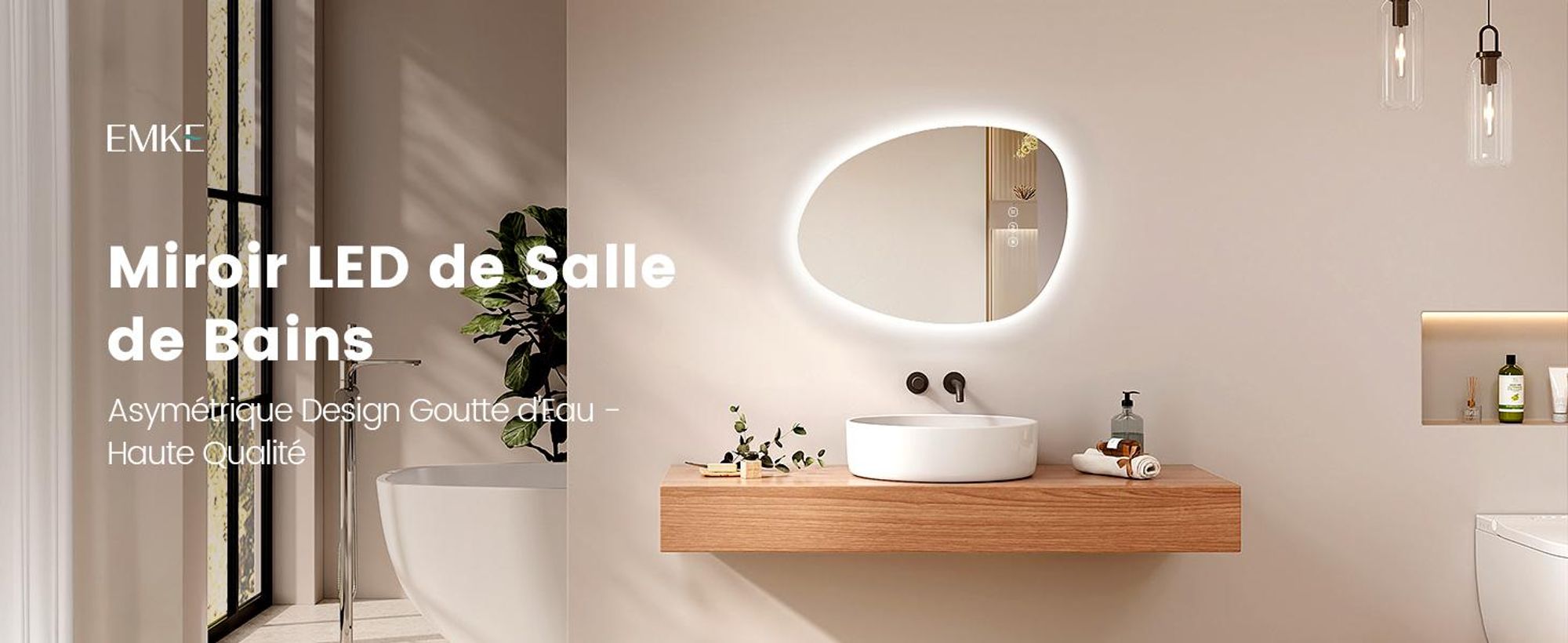 EMKE Miroir de salle de bain LED avec interrupteur tactile, Miroir sans cadre avec éclairage, Asymétrique, antibuée, 3 couleurs de lumière réglables, 65 x 45 cm