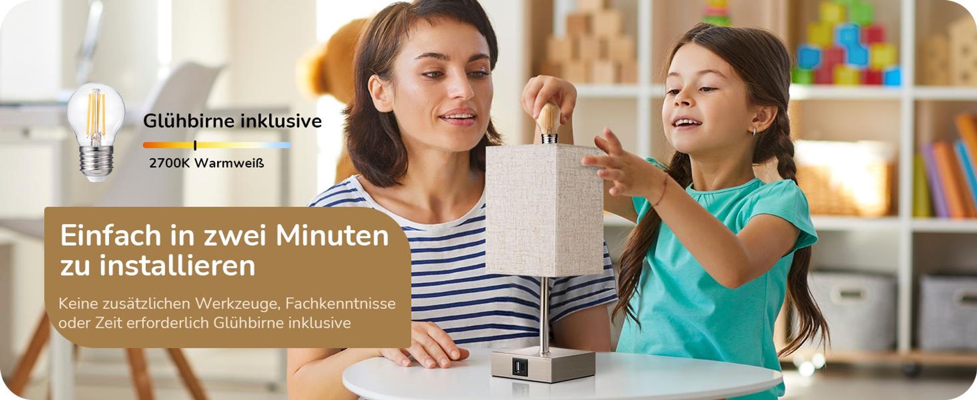 EDISHINE 2er Set Nachttischlampe Touch Dimmbar, Tischlampe mit Ladefunktion,2 USB Anschlüsse