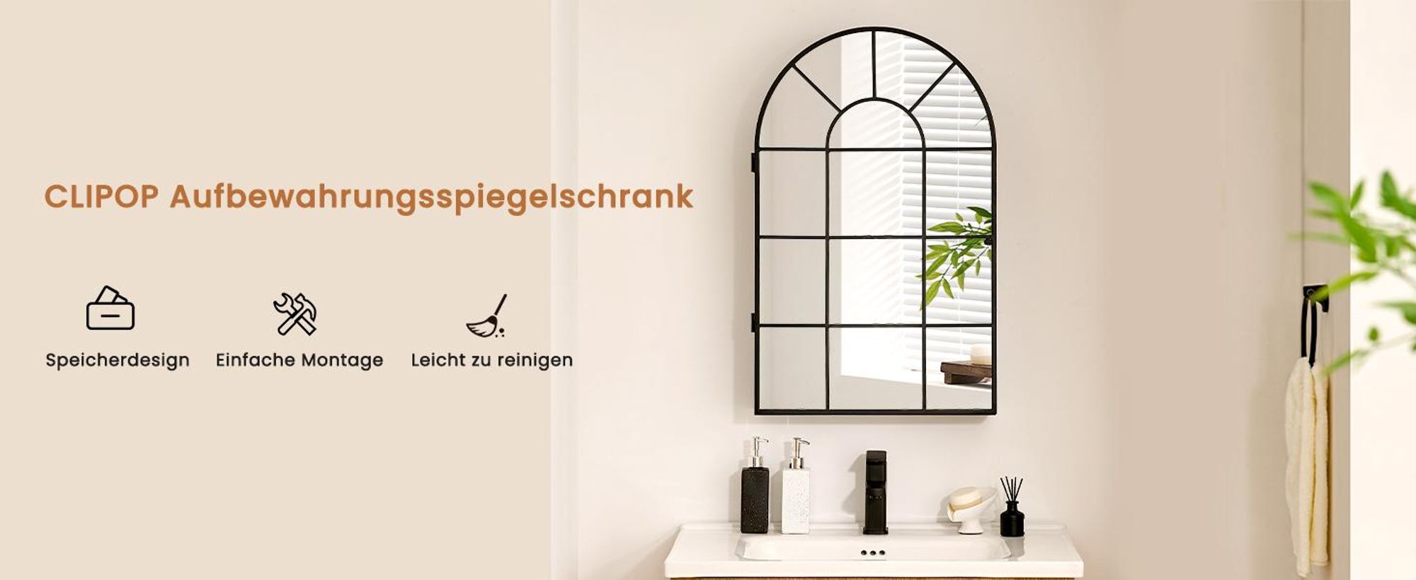 CLIPOP Spiegelschrank mit 1 Tür, 50 x 80 cm Moderne Wand Spiegelschrank mit 2 Einlegeböden in Bogenform und Schwarz Metallrahmen für Badezimmer