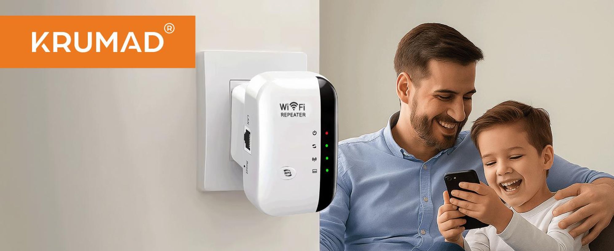 KRUMAD WLAN Repeater Steckdose 2.4 GHz – WiFi Verstärker mit WPS & LAN Port – Kompakter WLAN Extender für Haus & Wohnung, idealer Signalverstärker
