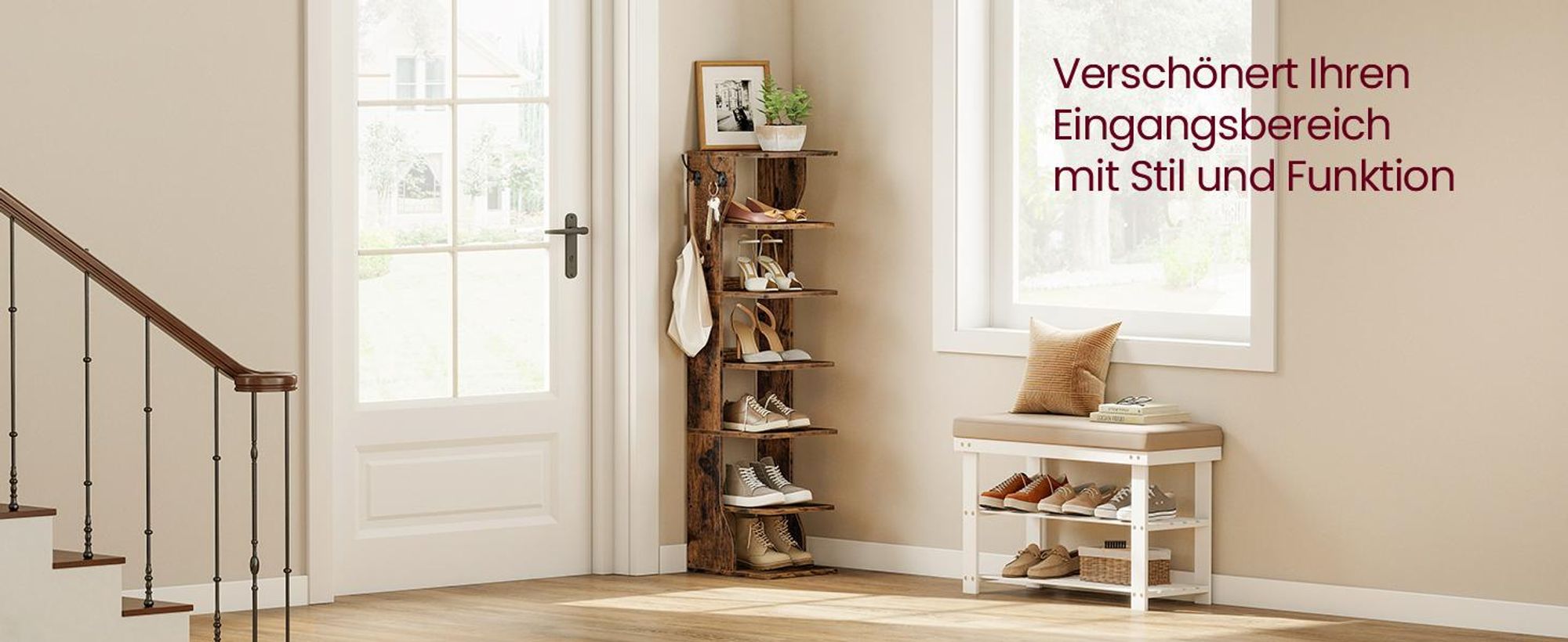 VASAGLE Schuhregal schmal, Standregal mit 7 Ebenen, platzsparend, für Eingangsbereich, Ecke, Schuhablage, vintagebraun