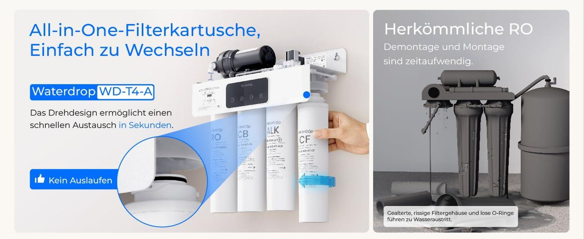 Waterdrop T4-A Alkalischer Umkehrosmoseanlage, NSF/ANSI 372 , 10-stufige Filtration, 450GPD Tankloses RO-Wasserfiltersystem