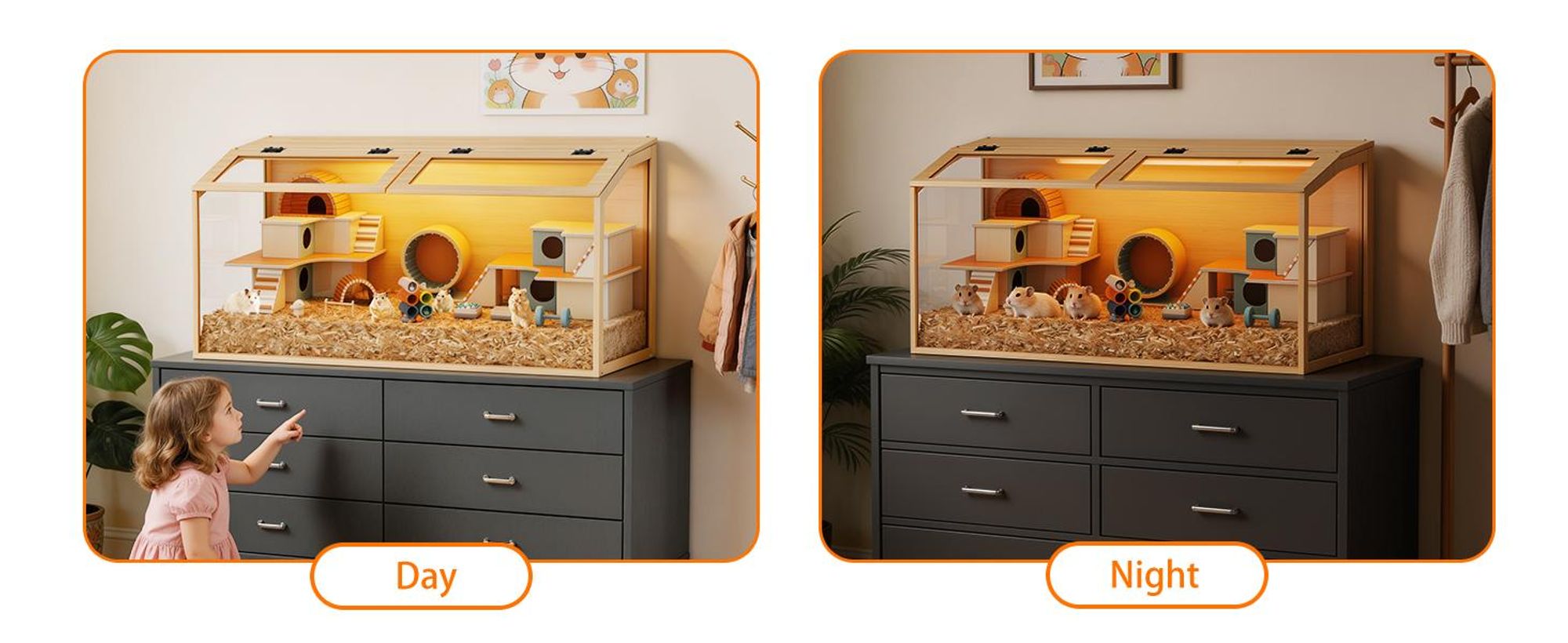 WISFOR Hamsterkäfig mit LED Leuchte, Kleintierhaus aus Holz, Mäusekäfig mit klappbarem Deckel, Sichtfenster, 100.7x50x50m