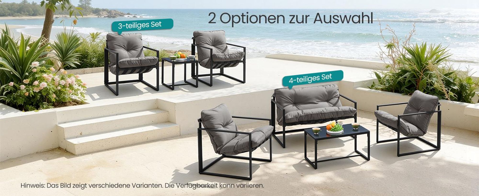 SONGMICS Balkonmöbel Set, 3-teilig, Garten Sitzgruppe mit 2 Stühlen und 1 Tisch, Stahlrahmen, Kissen, für Garten, grau
