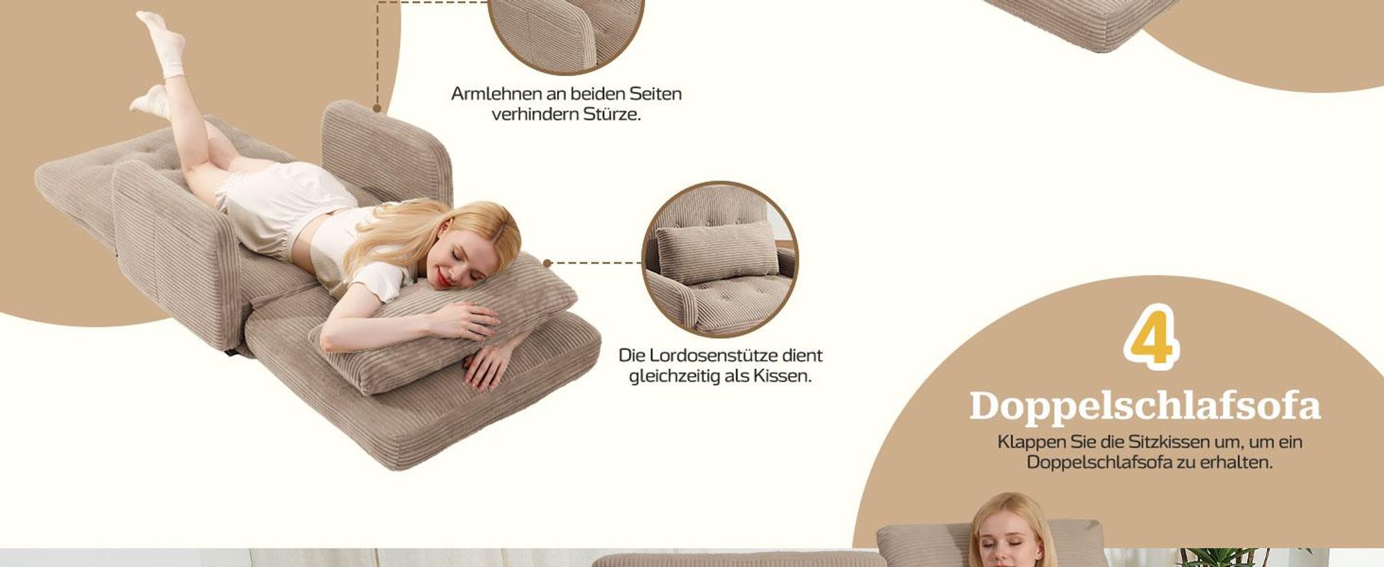 Faltbares 4-in-1 Sofa Bett, Klappbares Schlafsofa & Gästebett, Relaxsessel mit Schlaffunktion, Sitzsack Alternative für Wohnzimmer, Schlafzimmer Khaki