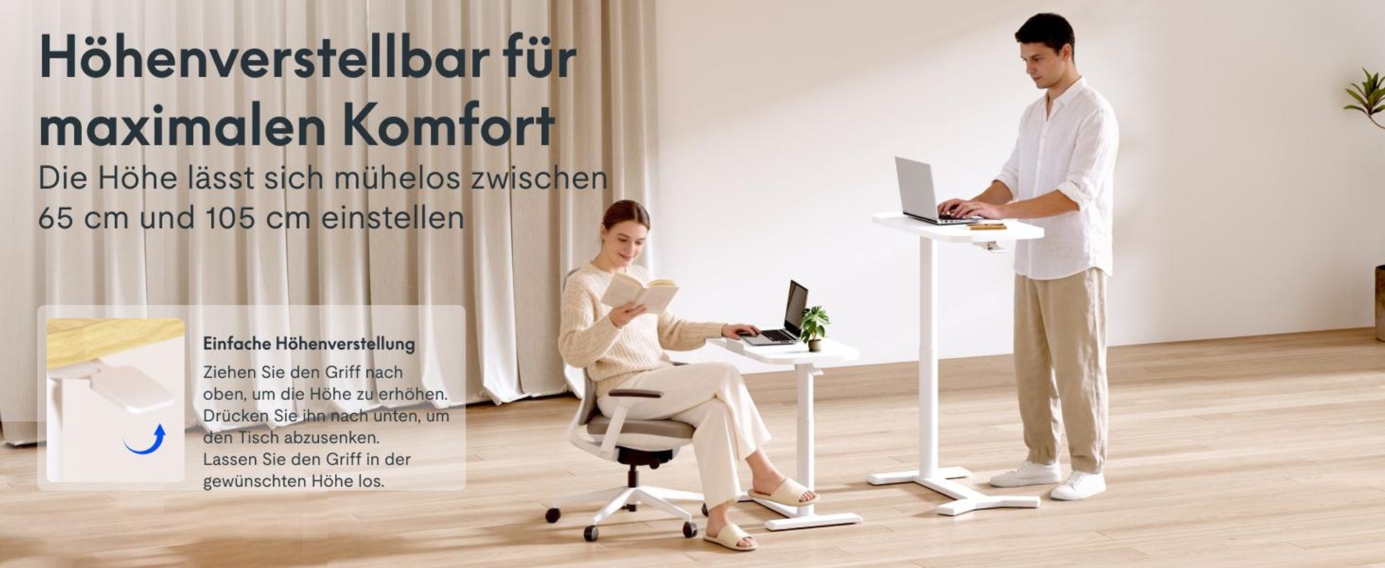 FLEXISPOT Höhenverstellbarer C-Form Beistelltisch – Klappbarer Laptoptisch mit Rollen, Holzplatte, 65–105cm höhenverstellbar Ahorn