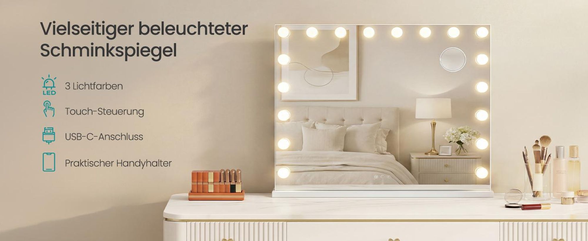 SONGMICS Schminkspiegel mit Beleuchtung Tischspiegel für Schminktisch 62 x 80 x 5,7 cm Weiß