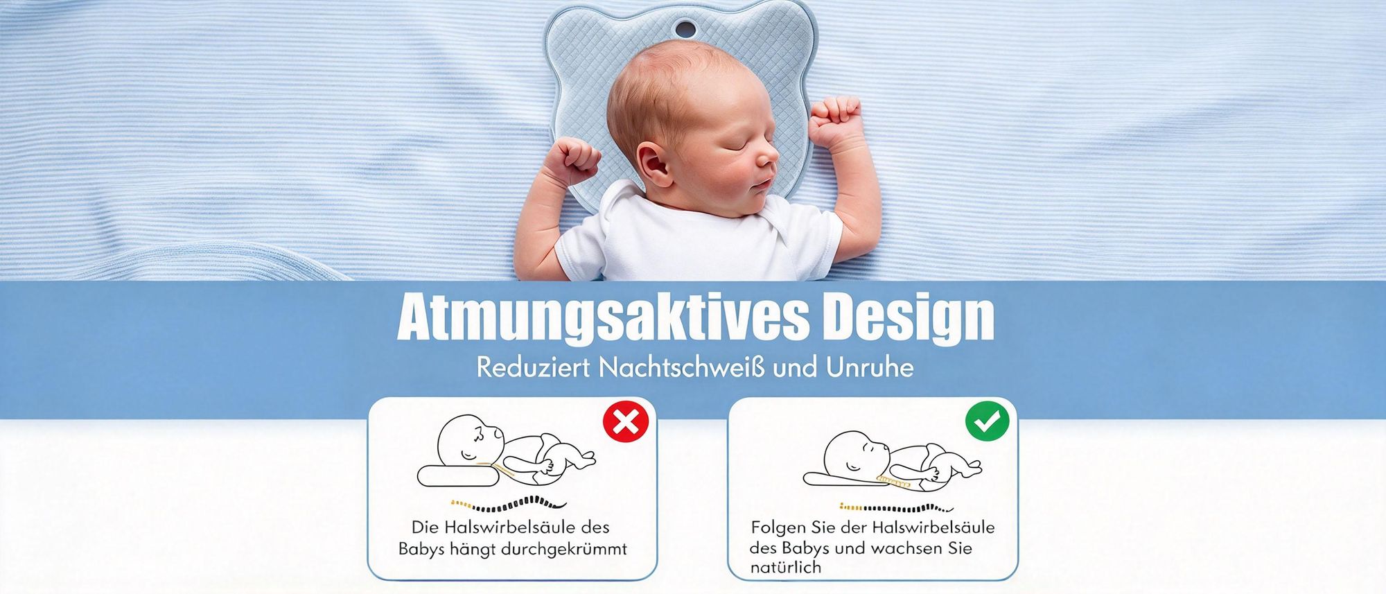 Juksun Babykissen, Orthopädisches Plattkopf und Gegen Plattkopf Babykopfkissen Memory-Schaum-Kissen, Baby Kissen Kopfverformung Plattkopf,Blau