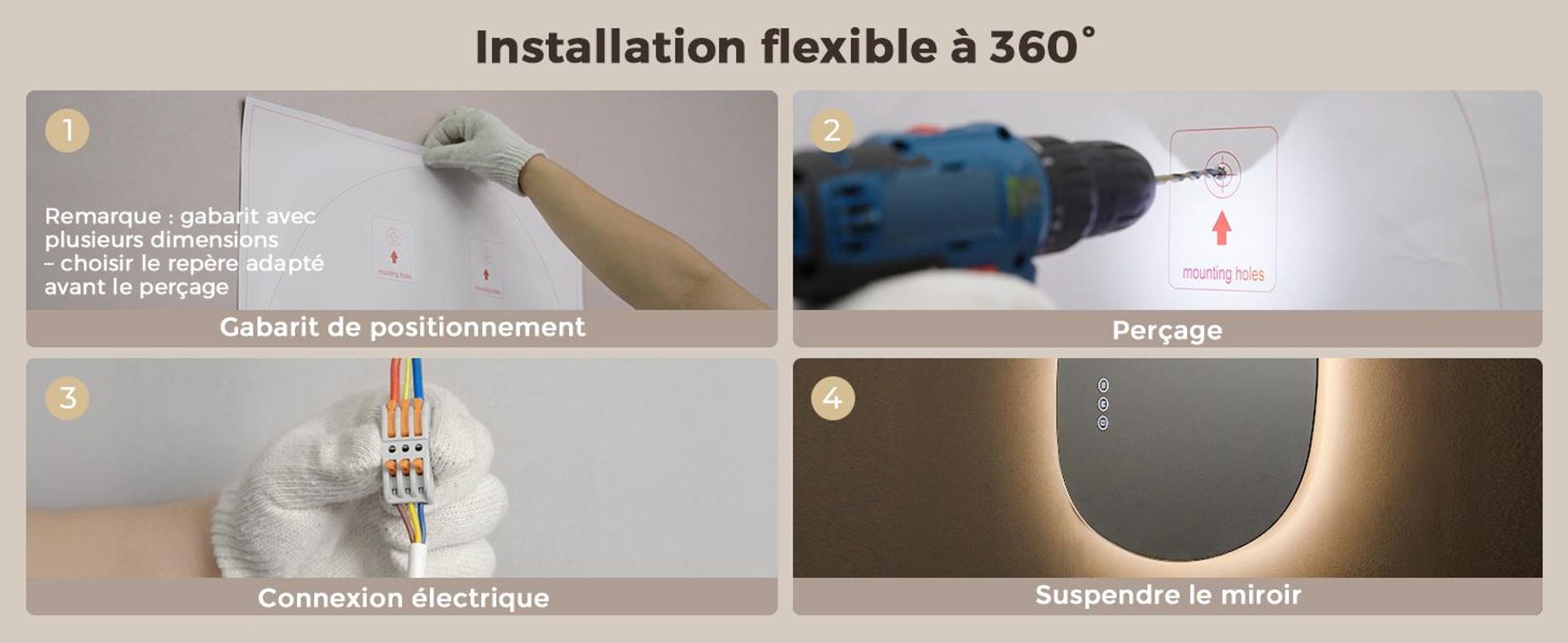 S'AFIELINA Miroir de salle de bain 60×45cm Miroir lumineux LED, 3 couleurs de lumière réglable, Interrupteur tactile, anti-buée et fonction mémoire