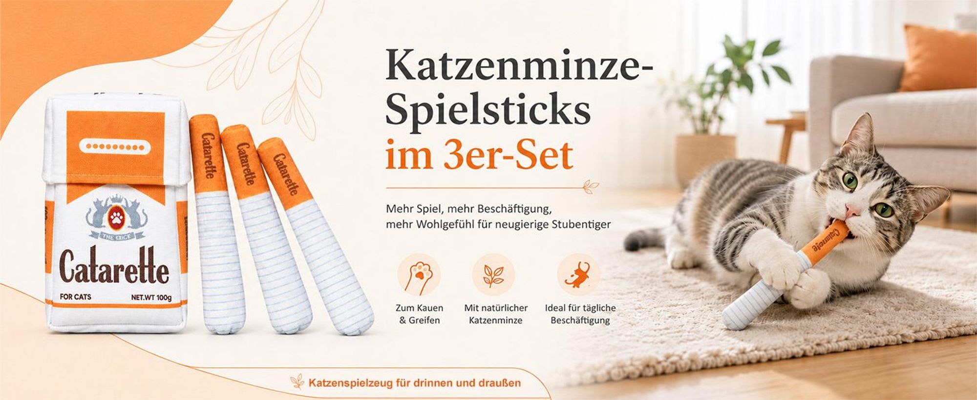 Catarette Katzenzigarette – Katzenspielzeug mit Katzenminze, 3er-Set aus Plüsch, Orange