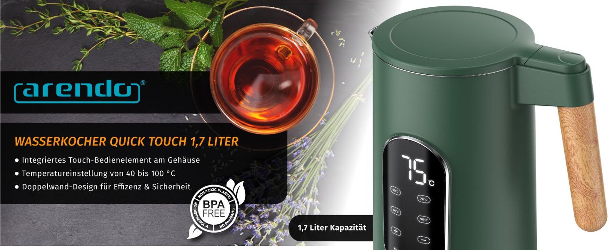 Arendo Wasserkocher mit Temperatureinstellung 40°C - 100°C mit Anzeige, Temperaturwahl, Edelstahl, 1,7 L, 2200W, LED-Display, Holzoptik-Griff, BPA-frei