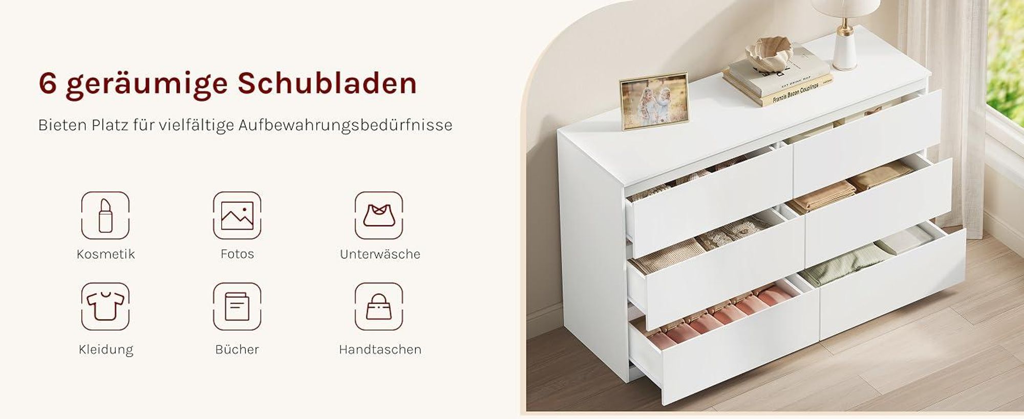 WOLTU Kommode weiß, mit 6 Schubladen, Moderner Schubladenschrank, 120 x 40 x 75 cm