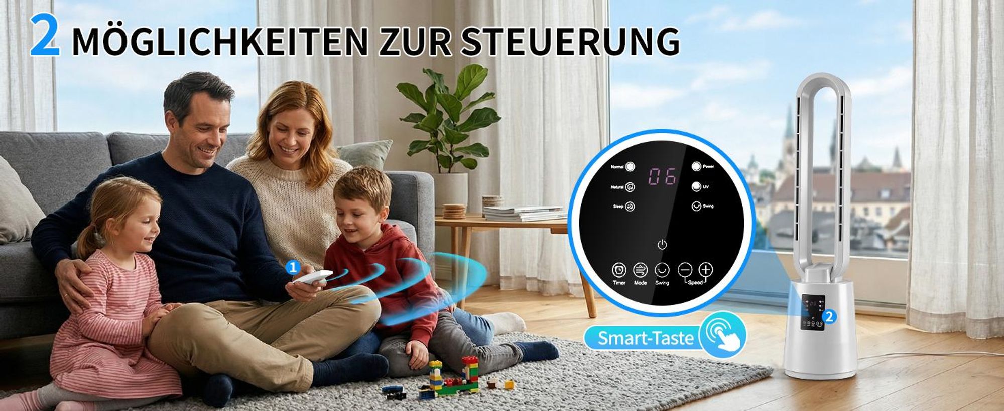 FCH Ventilator ohne Rotorblätter mit UV-Sterilisation,40W, 8-Stunden-Timer, elektronischem Touchscreen und Fernbedienung